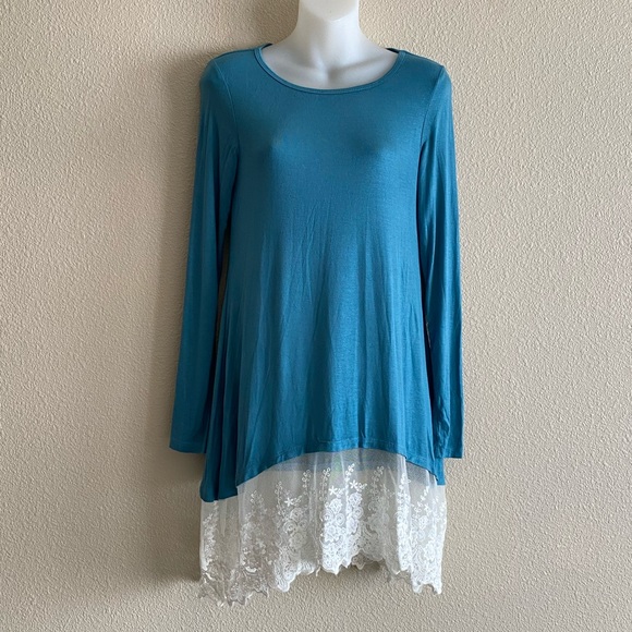 A Dip Of Darling Tops - A Dip Of Darling Blue Lace Long Sleeve Blouse